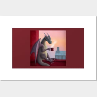 Grey Dragon Drinking Coffee Posters and Art